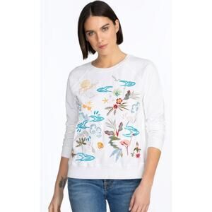 NWT JOHNNY WAS Florida Raglan Sweatshirt Embroidered White Size M